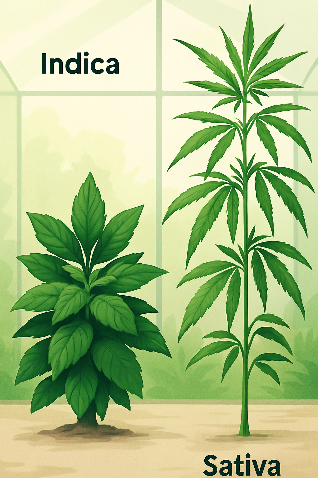 A visual comparison of indica vs sativa plants, showing the broad leaves and short height of indica plants beside the tall and narrow-leafed sativa plants.